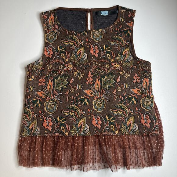 Eva Franco Anthropologie Jacquard Floral Mesh Peplum Top Brown XS Cottage - Picture 4 of 11